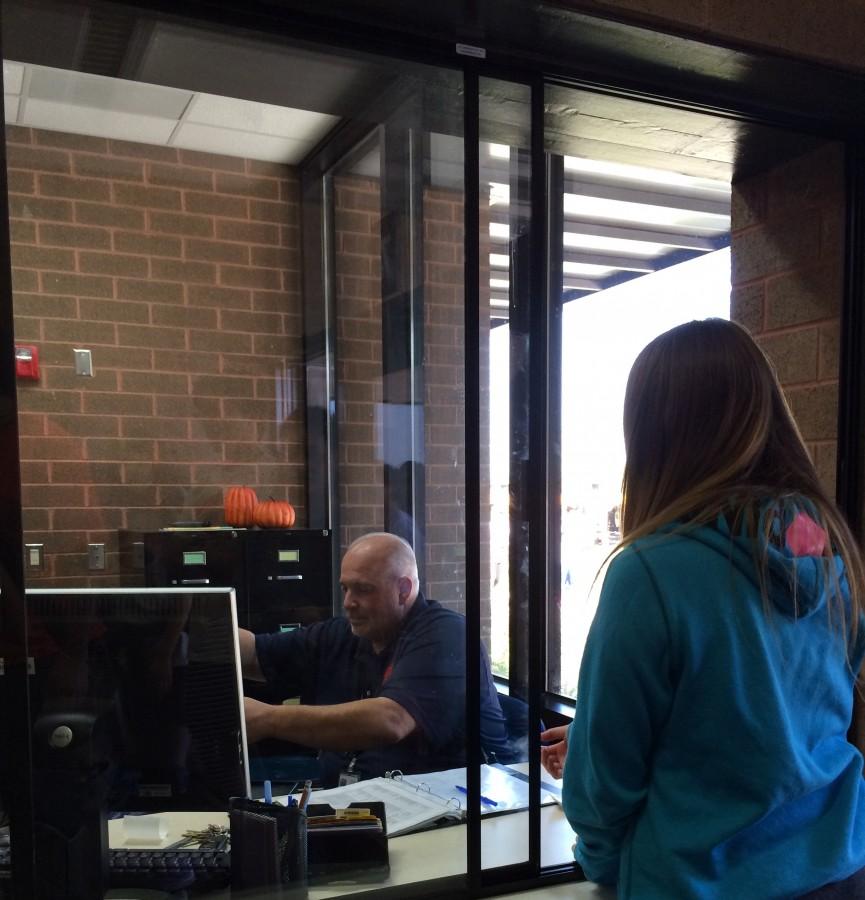 BG student checks into the building at the newly renovated security vestibule.