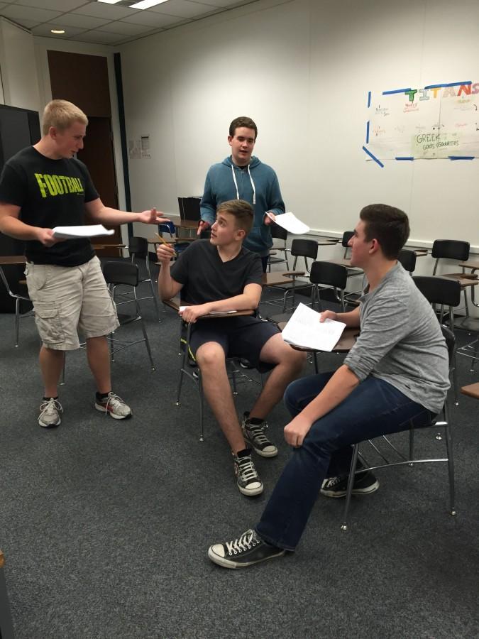 Seniors Mark Ellis, Jeremy Hamburger, junior Josh Levinson and sophomore Andrew Reitman prepare for One Act auditions.