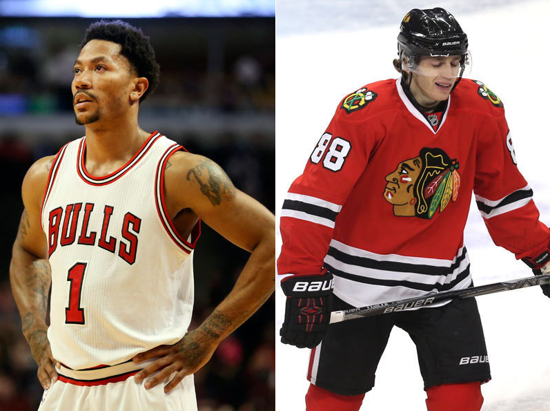 Bulls player Derrick Rose and Hawks player Patrick Kane.