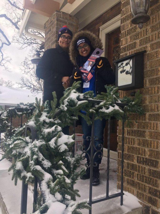 Senior Wedad Osman and a friend go door to door campaigning for their chosen politician.