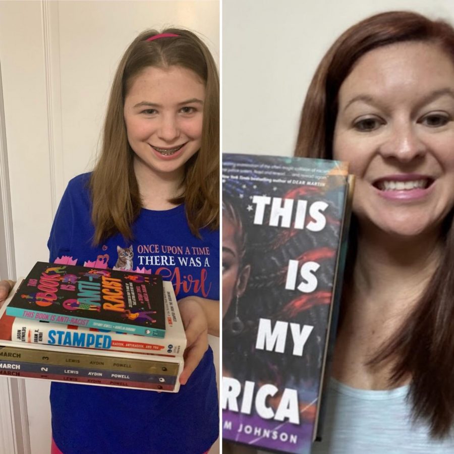 Left: Emily Luethy holds up her stack of antiracist books. Right: Mrs. McCleish displays her copy of "This is My America"